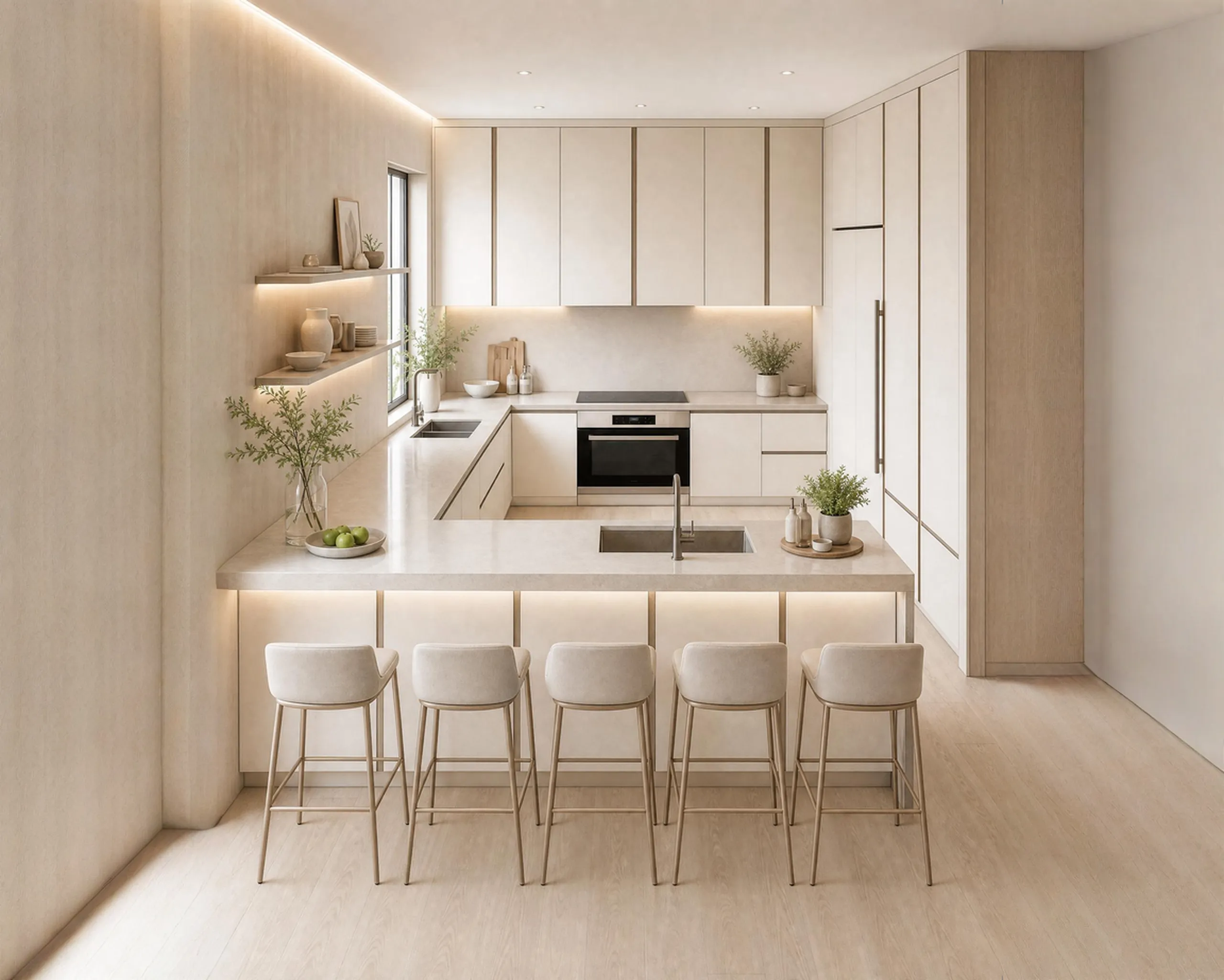 Kitchen with stone island and integrated cabinetry