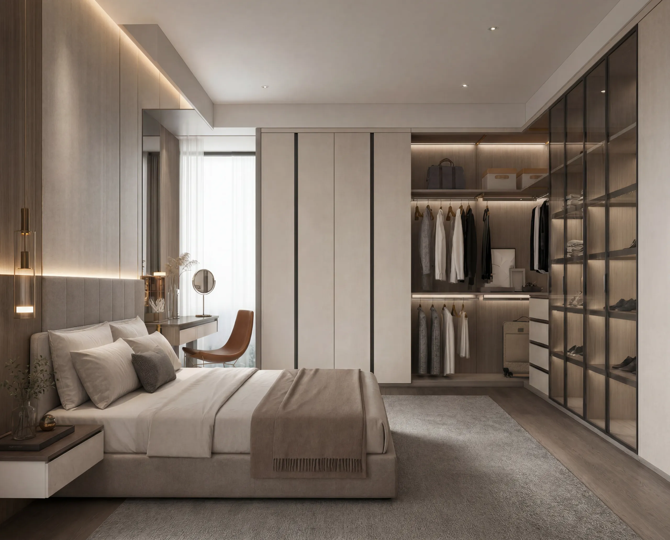 Primary bedroom with integrated wardrobe and dressing area