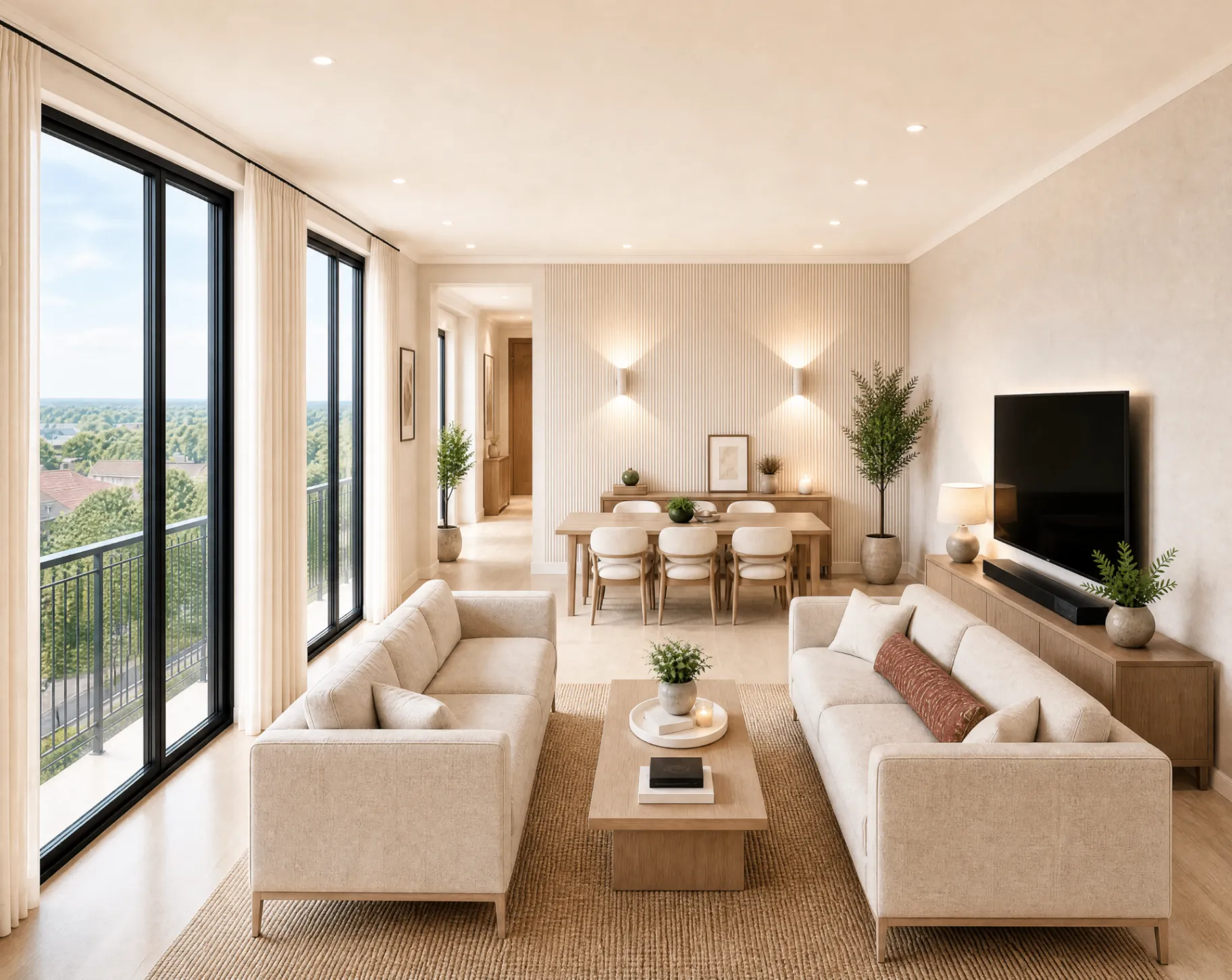 Living room interior with floor-to-ceiling windows overlooking the Florida landscape