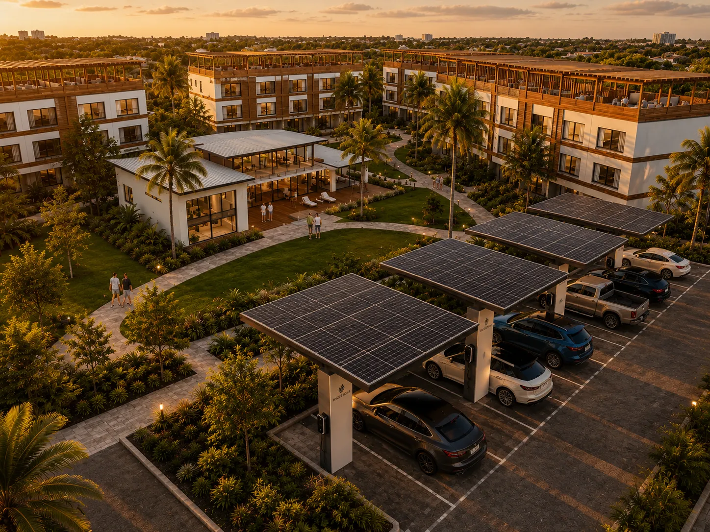 Aerial view of Sandhill Shores with integrated solar canopies and residences at sunset