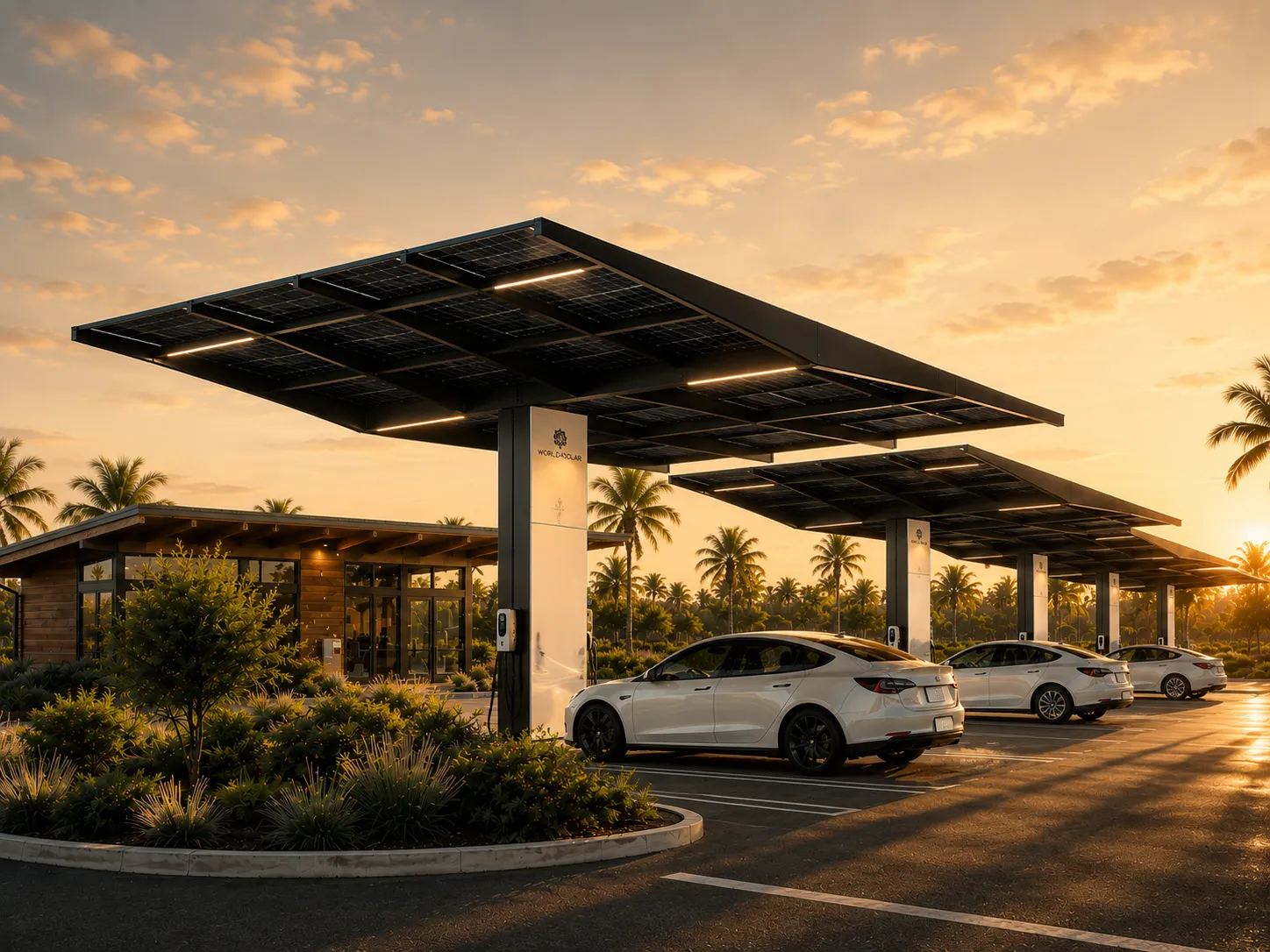 Integrated solar canopy with EV charging at golden hour