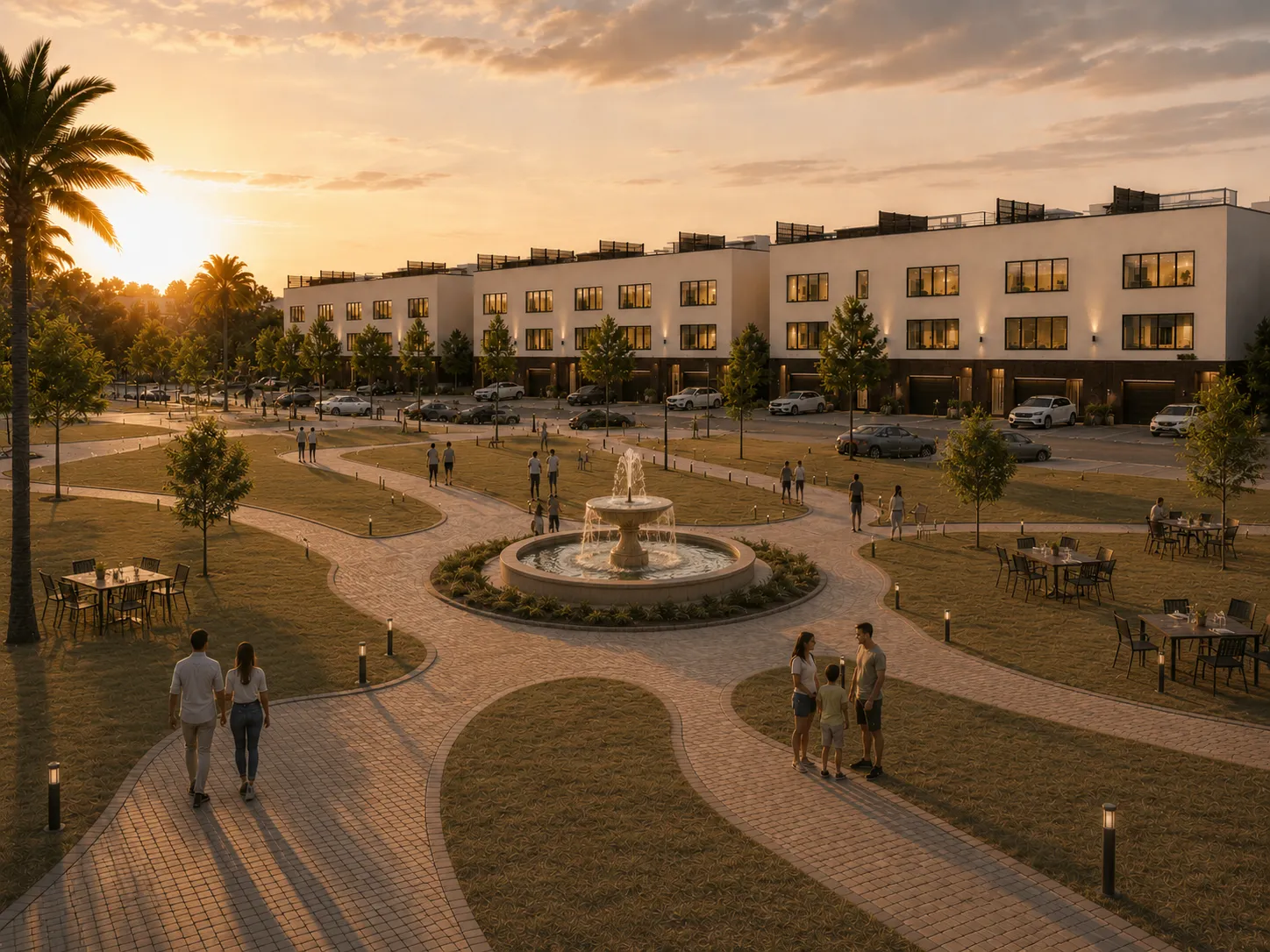 Sandhill Shores community with solar-integrated rooftops at sunset