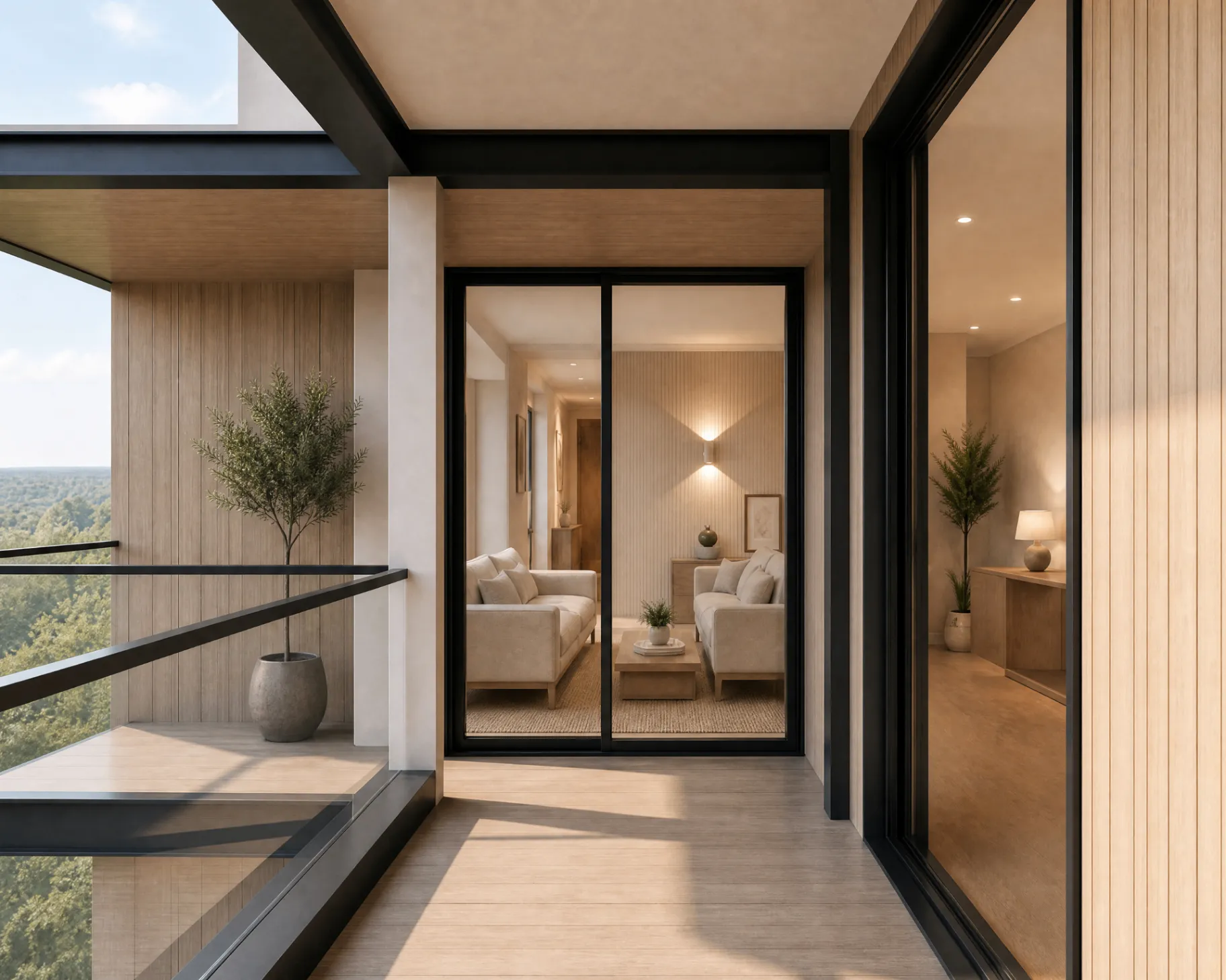 Terrace overlooking a landscaped residential setting with floor-to-ceiling glass